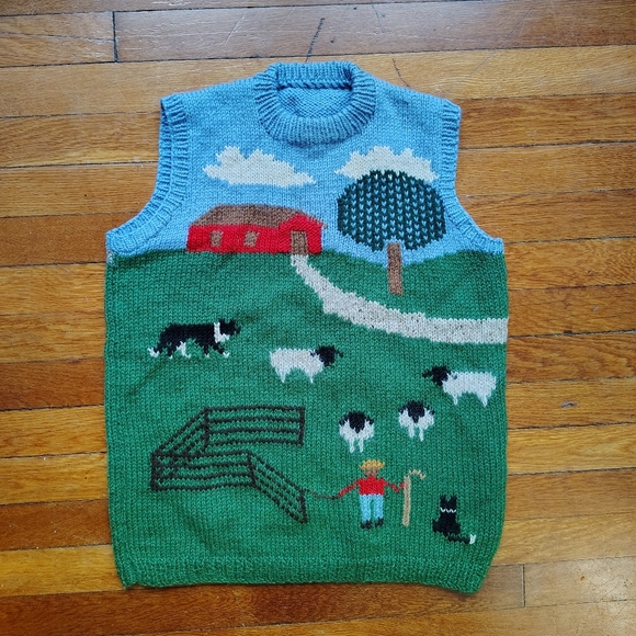 Handmade Sweaters - 90s Vintage Handmade Wool Sleeveless Sweater Vest Garden Farm Handknit Medium